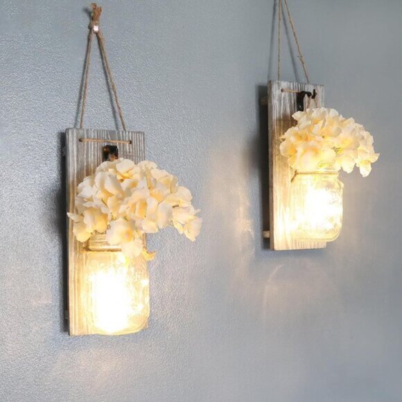 New Set of 2 Grey Vintage Rustic Wooden Wall Hanging LED String Lights for Home